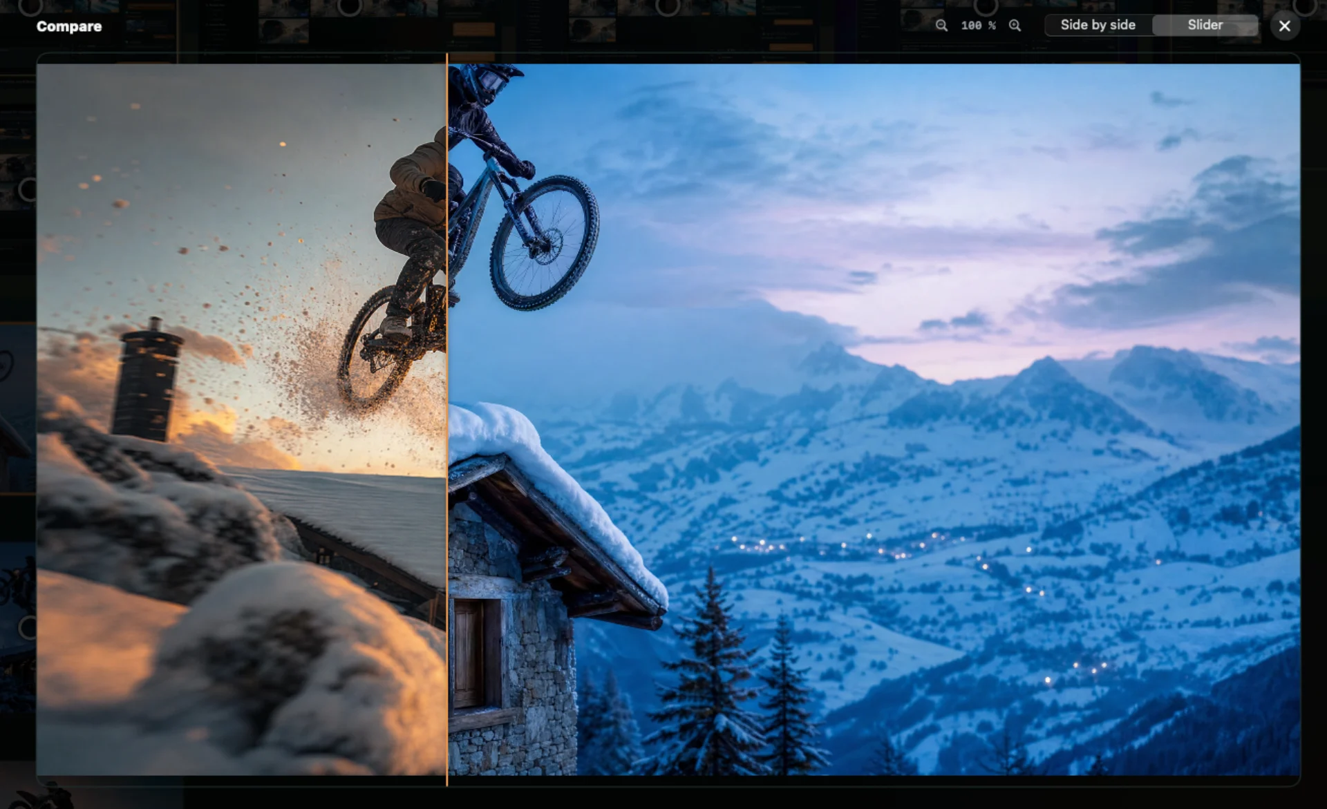 Promptr Studio Pro visual comparison view with an interactive before-and-after slider